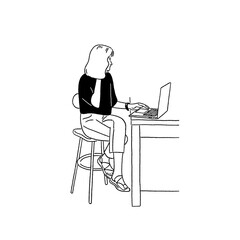 Woman working on Laptop Online Business People lifestyle Hand drawn line art illustration 