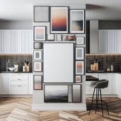 A kitchen have mockup poster empty white with a bar stool and a white wall with pictures image harmony lively has illustrative meaning.