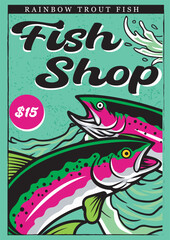 Vector Illustration of Rainbow Trout Fish and Waves with Vintage Illustration Available for Poster
