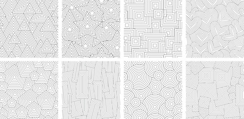 Black and white seamless pattern for coloring book in doodle style. Circles, triangles, quadrangles, hexagons, hearts, polygons, crosses.