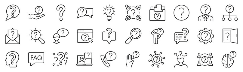 Set of 30 outline icons related to question. Linear icon collection. Editable stroke. Vector illustration
