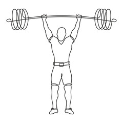 An athlete stands and raised a heavy barbell above his head. One line drawing. Continuous line without break.