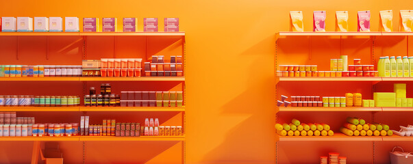 Organized Retail Environment with Orange Shelves and Abundant Products