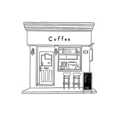 Cafe Front shop with seats and menu sign Coffee shop window Small Business Hand drawn line art illustration