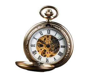 a gold pocket watch with a white face