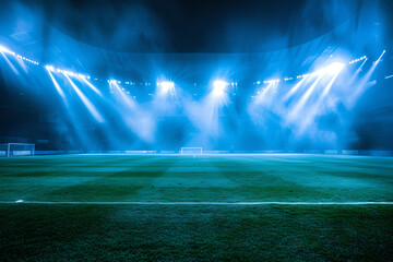 spotlight beams are on the ground of  soccer stadium illuminating field of play at night, dramatic...