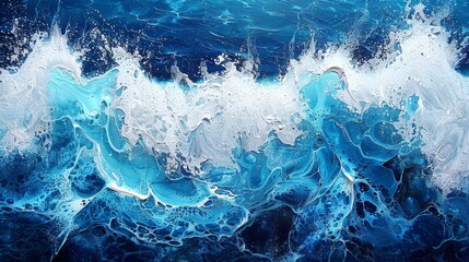 Vibrant painting capturing dynamic ocean waves in varying shades of blue with textured white foam - obrazy, fototapety, plakaty