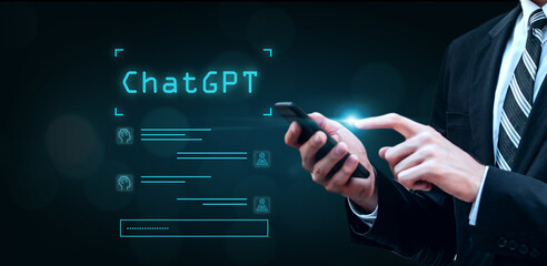 Online users with mobile smartphone using ChatGPT asking questions on business plans and investing creative ideas, AI chat chatting learning on information gathering, and internet data technology.