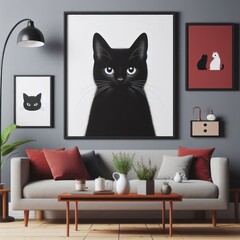 A living room with a template mockup poster and with a couch and a picture of a cat image art realistic attractive.