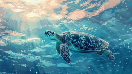 Obraz premium A sea turtle gracefully swims in a sunlit underwater ocean scene, highlighting marine life beauty.
