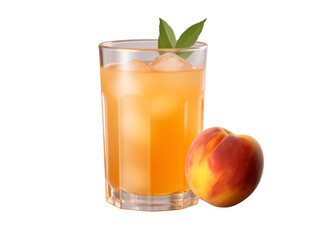 a glass of orange juice and a peach