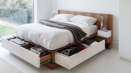minimalist bedroom with under - bed storage solutions featuring a white bed with a brown wood headboard, adorned with white pillows and a white lamp a black and red shoe rests on the