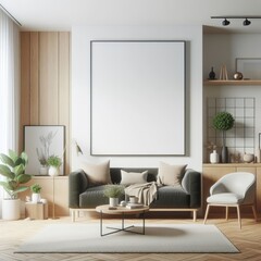 A living room with a template mockup poster empty white and with a couch and a chair lively used for printing.