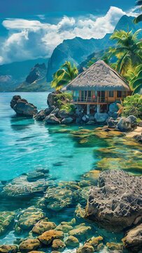 A beautiful beach with a small hut in the distance. The hut is surrounded by rocks and palm trees. The water is crystal clear and the sky is blue