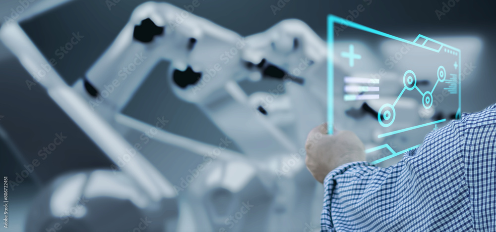 Poster engineer hand monitoring robotic ai arms in manufacturing factory plant, manager managing controllin