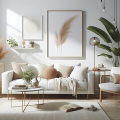 A living room with a template mockup poster empty white and with a couch and a painting image used for printing card design.