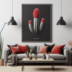 A living room with a template mockup poster empty white and with a couch and a picture of a cactus image photo attractive.