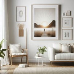 A living room with a template mockup poster empty white and with a couch and a picture on the wall image attractive has illustrative meaning card design.