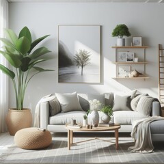 A living room with a template mockup poster empty white and with a couch and a table image realistic lively used for printing.