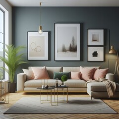 A living room with a template mockup poster empty white and with a couch and a table image realistic lively.