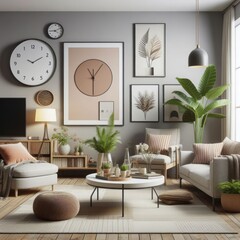 A living room with a template mockup poster empty white and with a couch and a tv image lively has illustrative meaning card design.