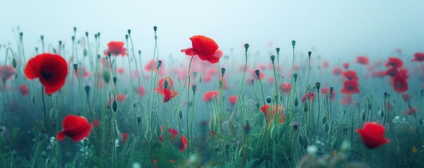 Fototapeta premium View of a field of blooming red poppies during a mist