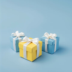 Celebrate in style with a festive arrangement of a yellow gift box, white bow, and two blue gift boxes. AI generative.