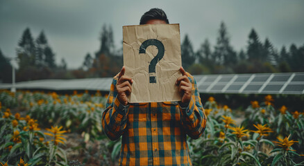 A person in a plaid shirt holding a question mark sign in front of their face, standing in a field with sunflowers and solar panels.