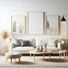 A living room with a template mockup poster empty white and with a couch and coffee table standardscalex image art has illustrative meaning card design.