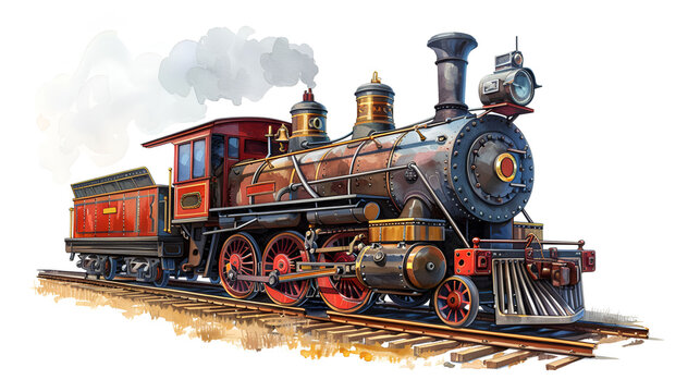 Antique train running on the track illustration isolated on white background