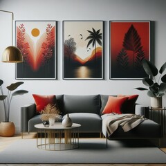 A living room with a template mockup poster empty white and with a couch and paintings on the wall image harmony lively card design.