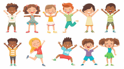 Fototapeta premium Happy kids cartoon collection. Multicultural children in different positions isolated on white background. Simple illustration. Happy children, multiracial group. Design elements.