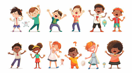 Happy kids cartoon collection. Multicultural children in different positions isolated on white background. Simple illustration. Happy children, multiracial group. Design elements.