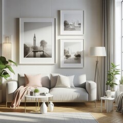 A living room with a template mockup poster empty white and with a couch and pictures on the wall art art photo lively.