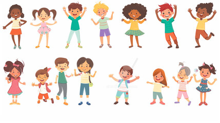 Happy kids cartoon collection. Multicultural children in different positions isolated on white background. Simple illustration. Happy children, multiracial group. Design elements.
