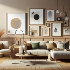 A living room with a template mockup poster empty white and with a couch and pictures on the wall image art photo photo.