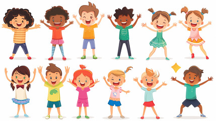 Happy kids cartoon collection. Multicultural children in different positions isolated on white background. Simple illustration. Happy children, multiracial group. Design elements.