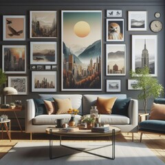 A living room with a template mockup poster empty white and with a couch and pictures on the wall image art photo used for printing.