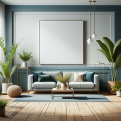 A living room with a template mockup poster empty white and with a couch and plants image art harmony has illustrative meaning.