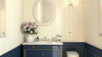 Cream and navy blue striped wallpaper in a powder room with navy blue vanity.