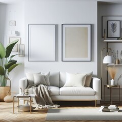 A living room with a template mockup poster empty white and with a couch and plants image art has illustrative meaning has illustrative meaning.