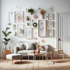 A living room with a template mockup poster empty white and with a couch and plants on the wall art photo attractive.