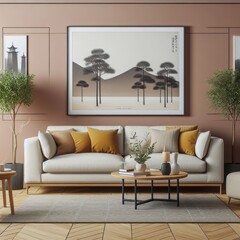 A living room with a template mockup poster empty white and with a couch and two tables art harmony card design.
