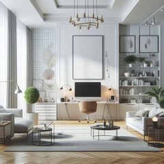 A living room with a template mockup poster empty white and with a large computer desk and a couch art used for printing card design.