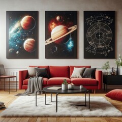A living room with a template mockup poster empty white and with a red couch and a red couch with a black coffee table and a white rug image art art harmony.