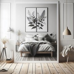 A mirror in Bedroom sets have template mockup poster empty white image realistic has illustrative meaning used for printing.