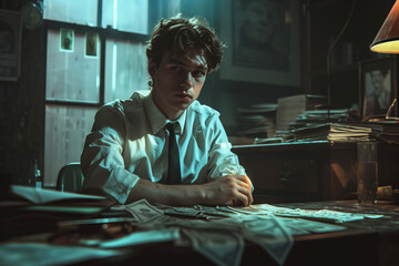 Young Man Sorting Finances in Dark Moody Office Setting.
