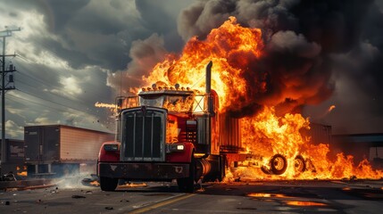  semi-truck or Container cargo truck is on fire