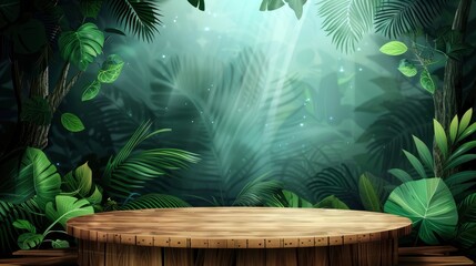 Wood Podium Tabletop Floor Amidst The Lush Tropical Forest, Inviting Connection With Nature, Cartoon Background