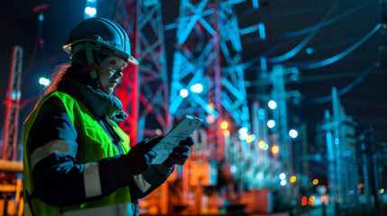 A female engineer in safety gear uses a tablet to inspect operations at a power grid station at night.